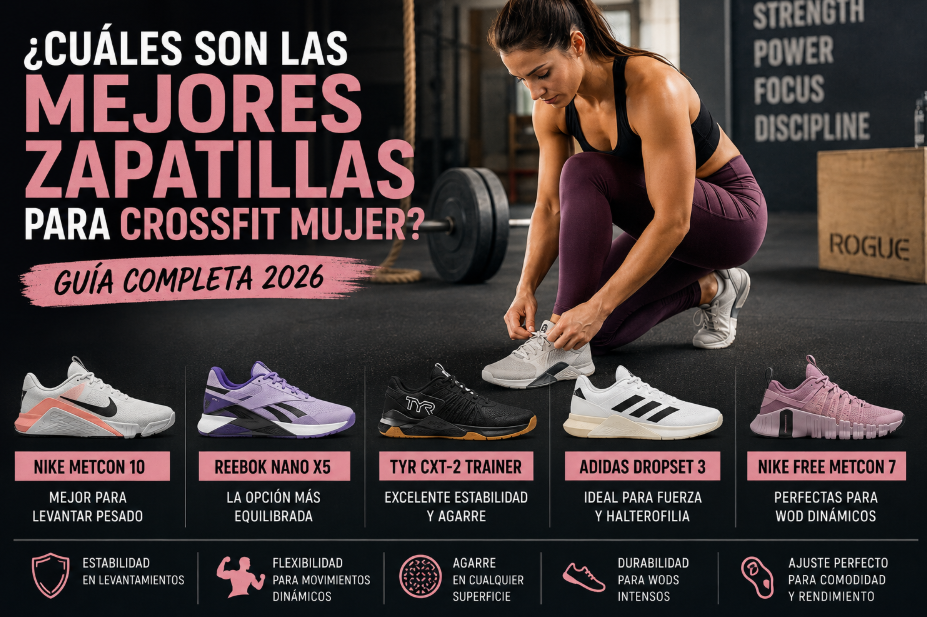 Mujer entrenando CrossFit con zapatillas estables durante un WOD de fuerza, saltos y ejercicios funcionales.